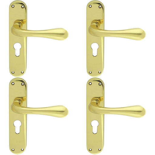 4 PACK Rounded Flaired Latch & EURO Lock Door Handle Polished Brass Lever Plate