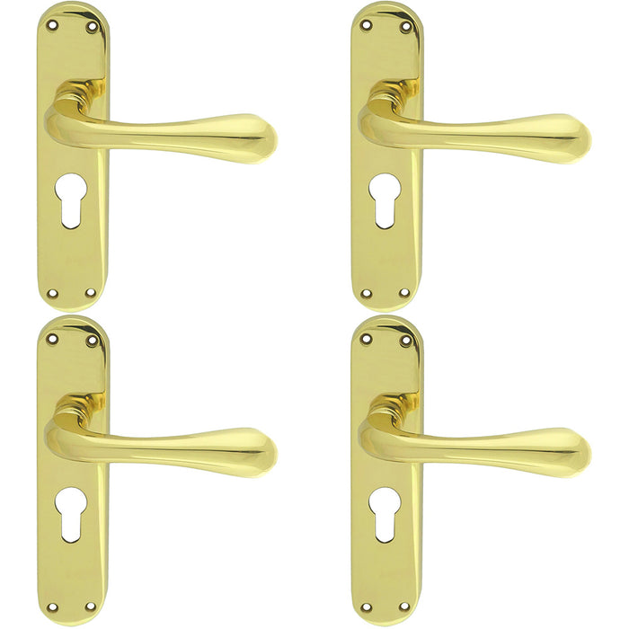 4 PACK Rounded Flaired Latch & EURO Lock Door Handle Polished Brass Lever Plate