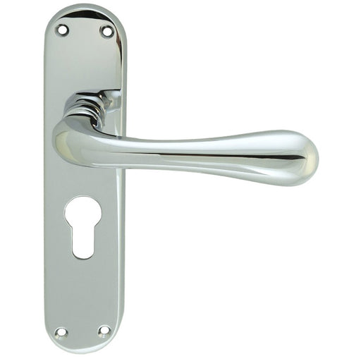 Rounded Flaired Latch & EURO Lock Door Handle - Polished Chrome Lever Backplate