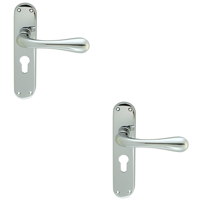 2 PACK Rounded Flaired Latch & EURO Lock Door Handle Polished Chrome Backplate