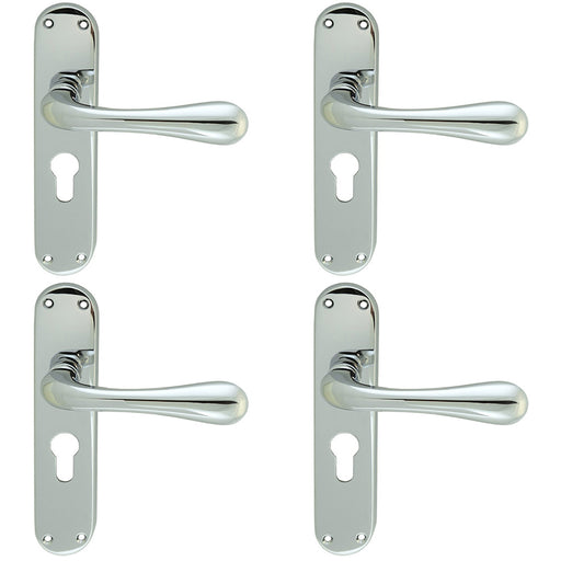 4 PACK Rounded Flaired Latch & EURO Lock Door Handle Polished Chrome Backplate