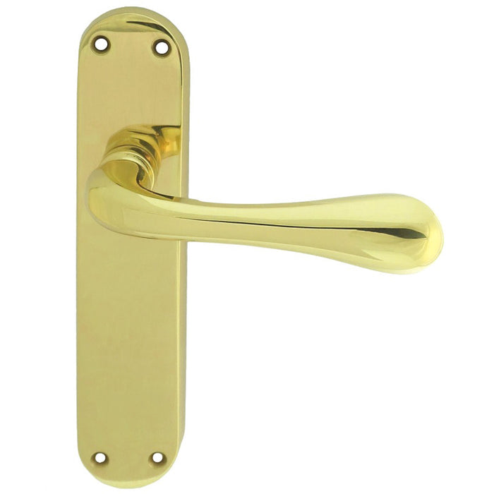 Rounded Flaired Internal Latch Door Handle - Polished Brass Lever On Backplate