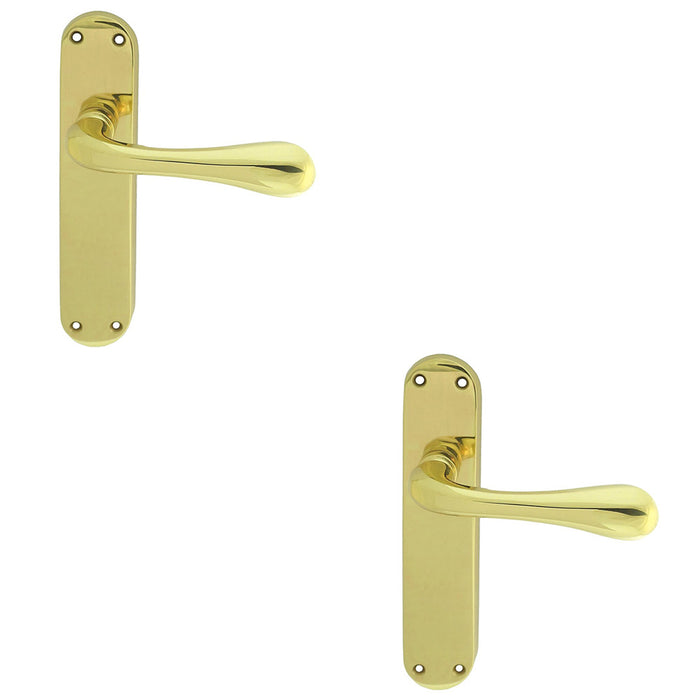 2 PACK Rounded Flaired Internal Latch Door Handle Polished Brass Lever Backplate