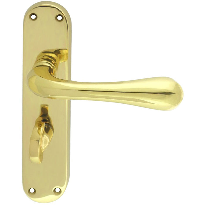 Rounded Flaired Bathroom Latch Door Handle - Polished Brass Lever On Backplate