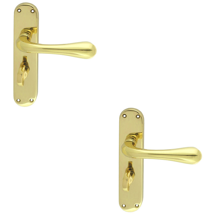 2 PACK Rounded Flaired Bathroom Latch Door Handle Polished Brass Lever Backplate