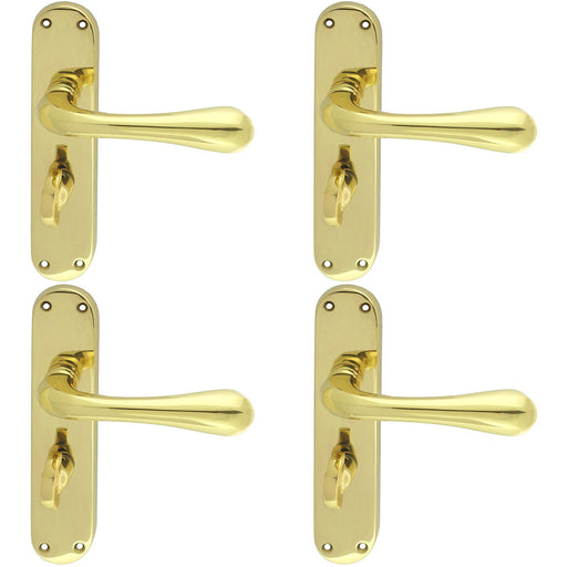 4 PACK Rounded Flaired Bathroom Latch Door Handle Polished Brass Lever Backplate