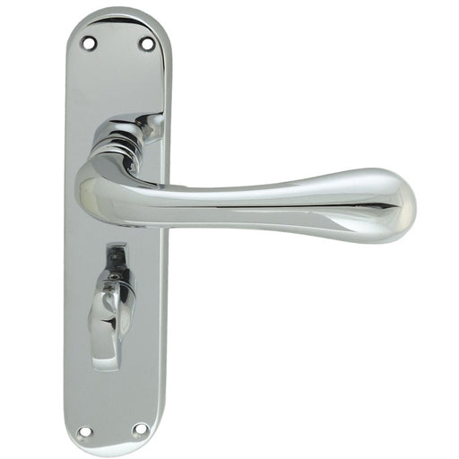 Rounded Flaired Bathroom Latch Door Handle - Polished Chrome Lever On Backplate