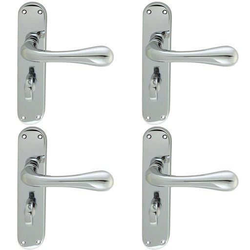 4 PACK Rounded Flaired Bathroom Latch Door Handle Polished Chrome On Backplate