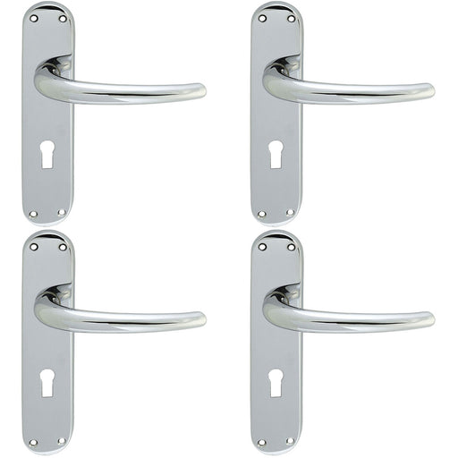 4 PACK Rounded Sleek Latch & Lock Door Handle Polished Chrome Lever On Backplate