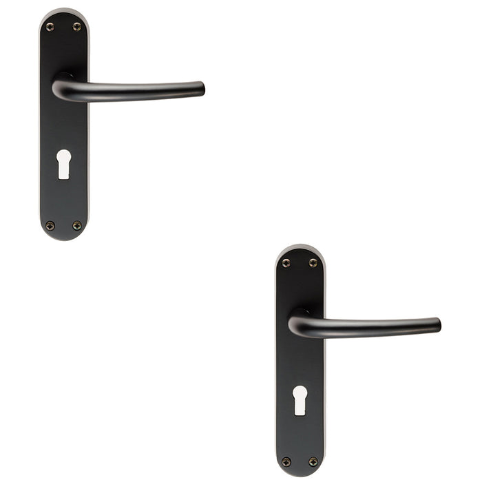 2 PACK Rounded Sleek Latch & Lock Door Handle Matt Black Lever On Backplate