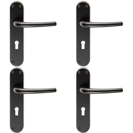 4 PACK Rounded Sleek Latch & Lock Door Handle Matt Black Lever On Backplate