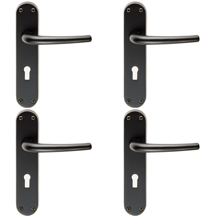 4 PACK Rounded Sleek Latch & Lock Door Handle Matt Black Lever On Backplate