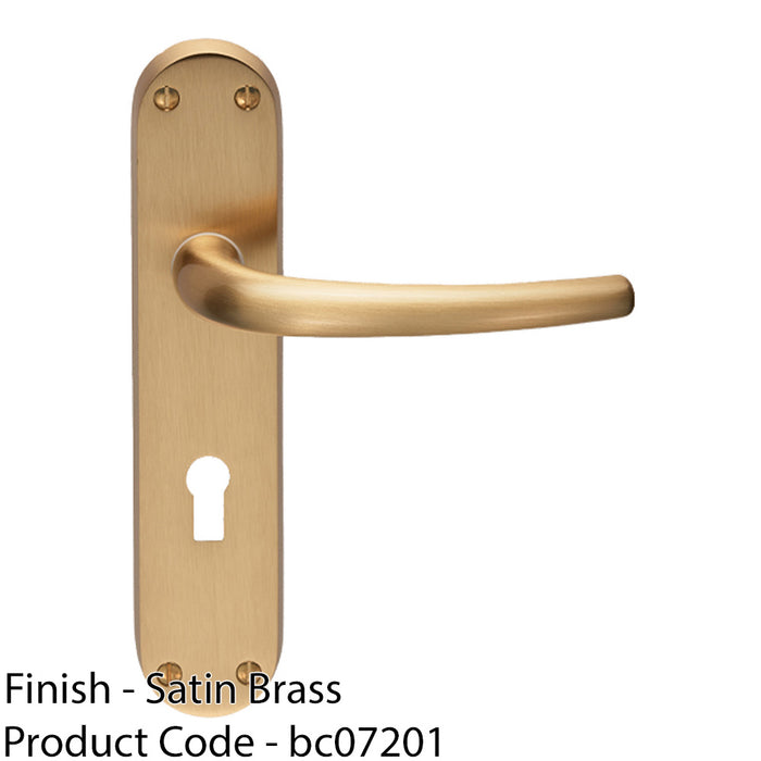 Rounded Sleek Latch & Lock Door Handle - Satin Brass Lever On Backplate 1