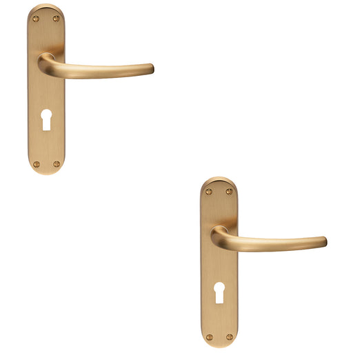 2 PACK Rounded Sleek Latch & Lock Door Handle Satin Brass Lever On Backplate