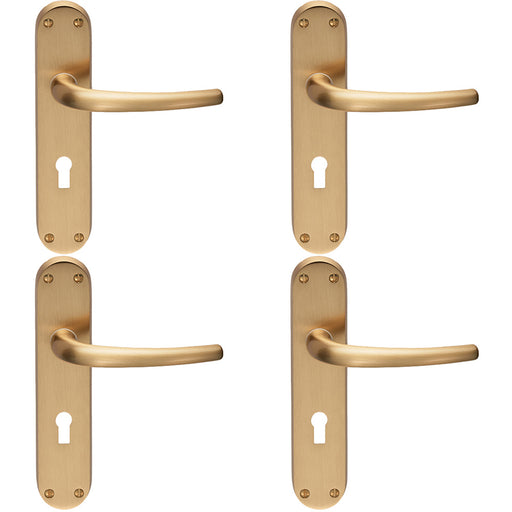 4 PACK Rounded Sleek Latch & Lock Door Handle Satin Brass Lever On Backplate