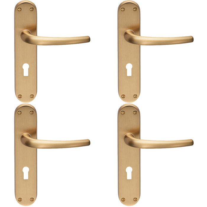 4 PACK Rounded Sleek Latch & Lock Door Handle Satin Brass Lever On Backplate