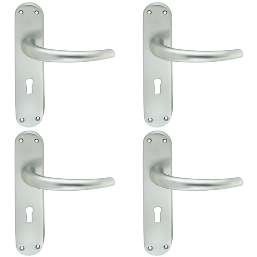 4 PACK Rounded Sleek Latch & Lock Door Handle Satin Chrome Lever On Backplate