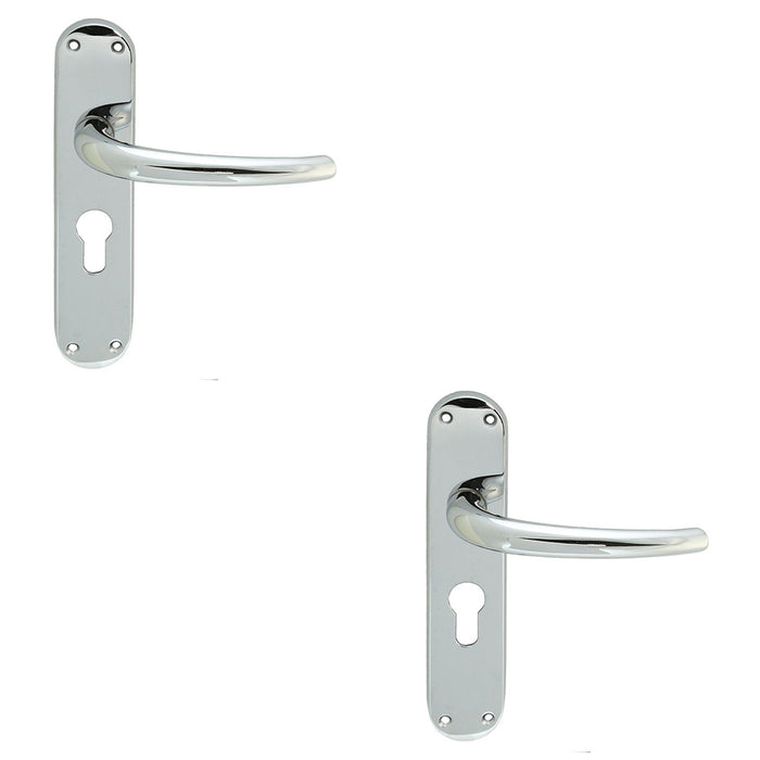 2 PACK Rounded Sleek Latch & EURO Lock Door Handle Polished Chrome On Backplate