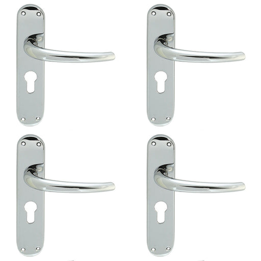 4 PACK Rounded Sleek Latch & EURO Lock Door Handle Polished Chrome On Backplate