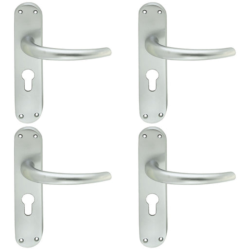 4 PACK Rounded Sleek Latch & EURO Lock Door Handle Satin Chrome Lever Backplate