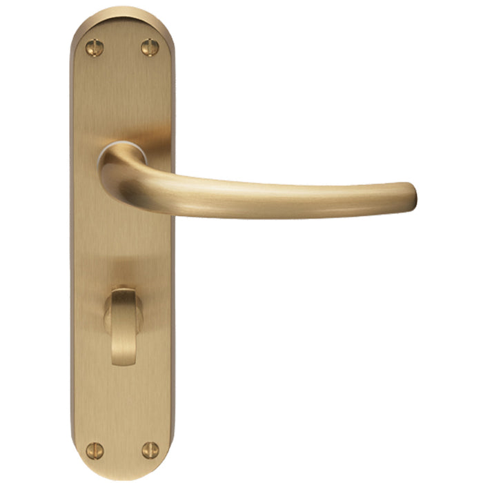 Rounded Sleek Bathroom Latch Door Handle - Satin Brass Lever On Backplate