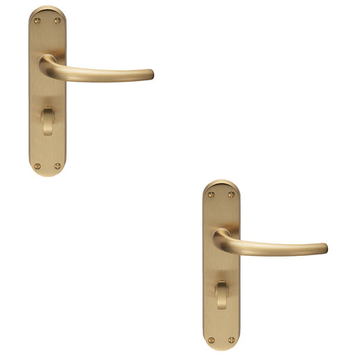 2 PACK Rounded Sleek Bathroom Latch Door Handle Satin Brass Lever On Backplate