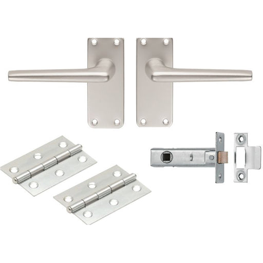 Contract Straight Door Handle & Latch Pack - Satin Aluminium Lever On Backplate