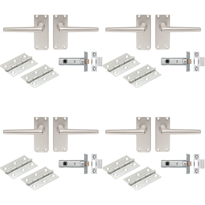 4 PACK Contract Straight Door Handle & Latch Pack Satin Aluminium On Backplate