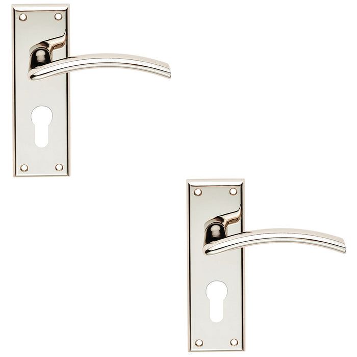 2x PAIR Arched Lever On EURO Lock Backplate Door Handle 150x50mm Polished Nickel