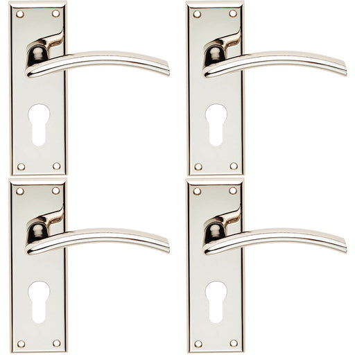 4x PAIR Arched Lever EURO Lock Backplate Door Handle 150 x 50mm Polished Nickel