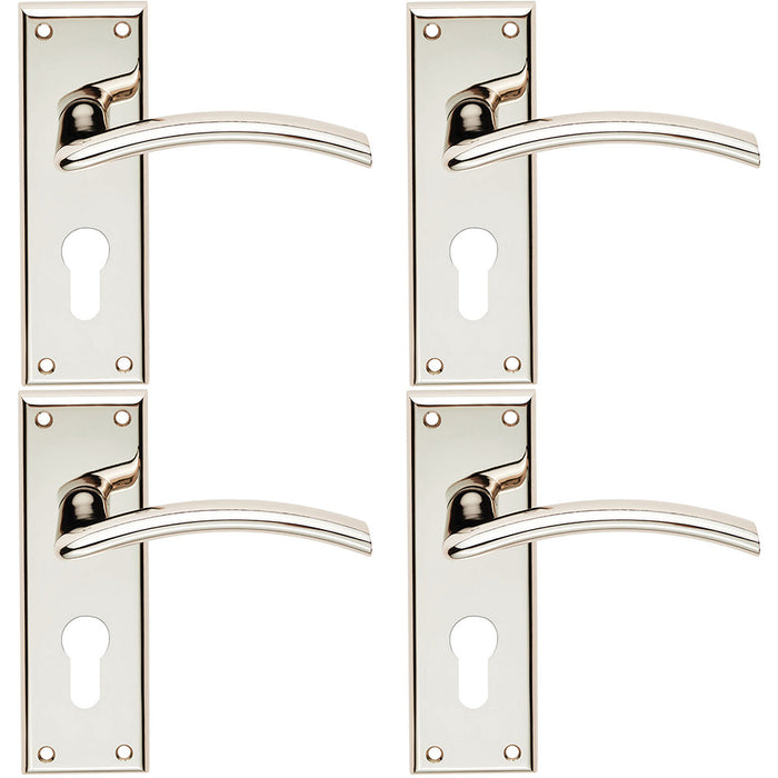 4x PAIR Arched Lever EURO Lock Backplate Door Handle 150 x 50mm Polished Nickel