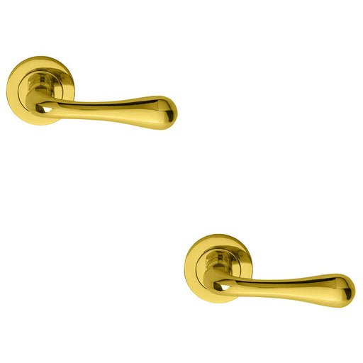 2 PACK Concealed Door Handle Set Polished Brass Lever On Round Rose Rotund End