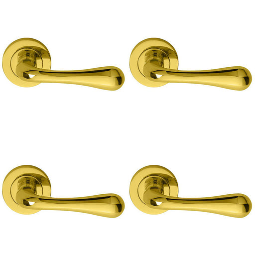 4 PACK Concealed Door Handle Set Polished Brass Lever On Round Rose Rotund End