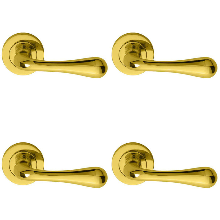 4 PACK Concealed Door Handle Set Polished Brass Lever On Round Rose Rotund End