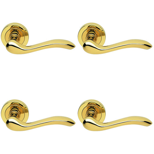 4 PACK Premium Concealed Door Handle Set Polished Brass Lever Round Rose Scroll