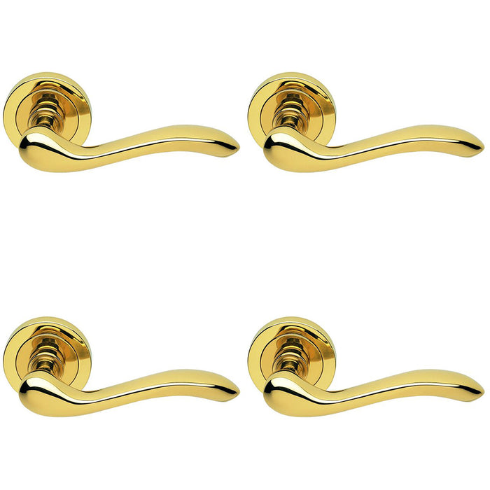 4 PACK Premium Concealed Door Handle Set Polished Brass Lever Round Rose Scroll