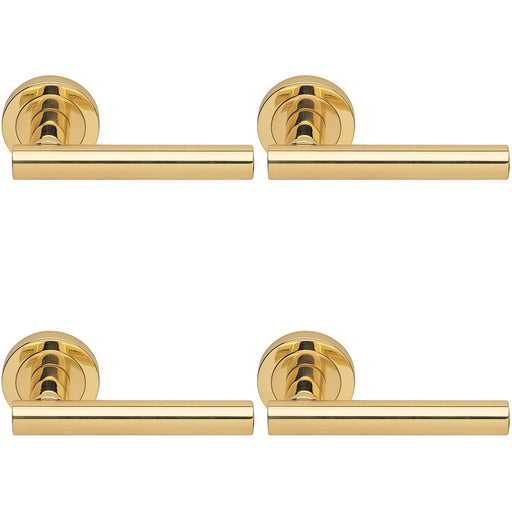 4 PACK Premium Concealed Door Handle Set Polished Brass Straight On Round Rose