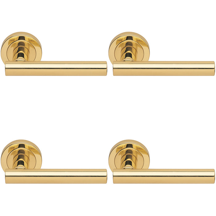 4 PACK Premium Concealed Door Handle Set Polished Brass Straight On Round Rose