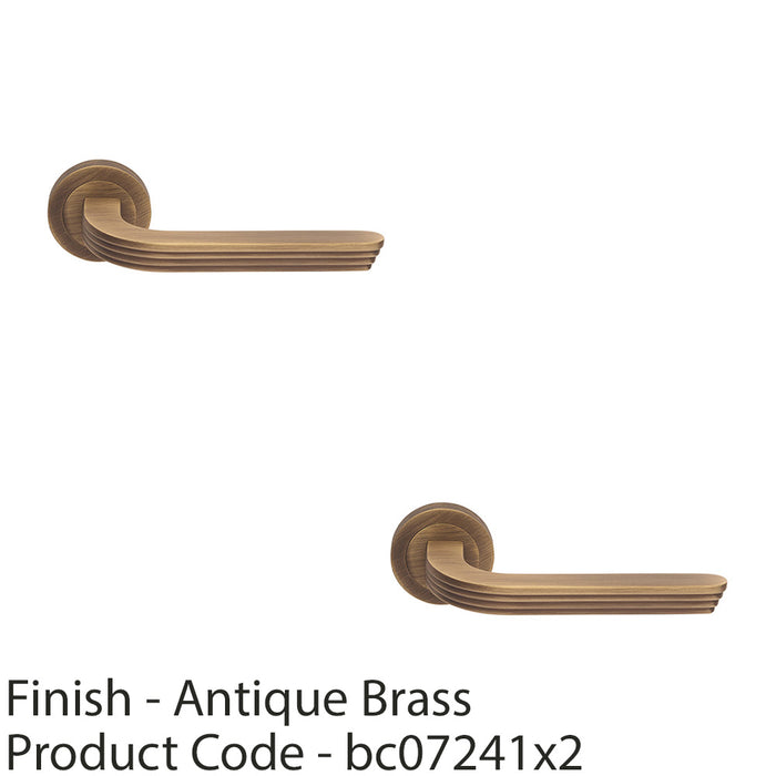 2 PACK Premium Art Deco Door Handle Set Antique Brass Reeded Lever On Round Rose 1