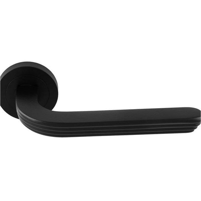 Premium Art Deco Door Handle Set - Matt Black Reeded Lever On Round Rose