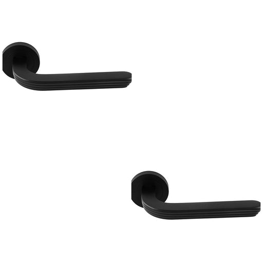 2 PACK Premium Art Deco Door Handle Set Matt Black Reeded Lever On Round Rose