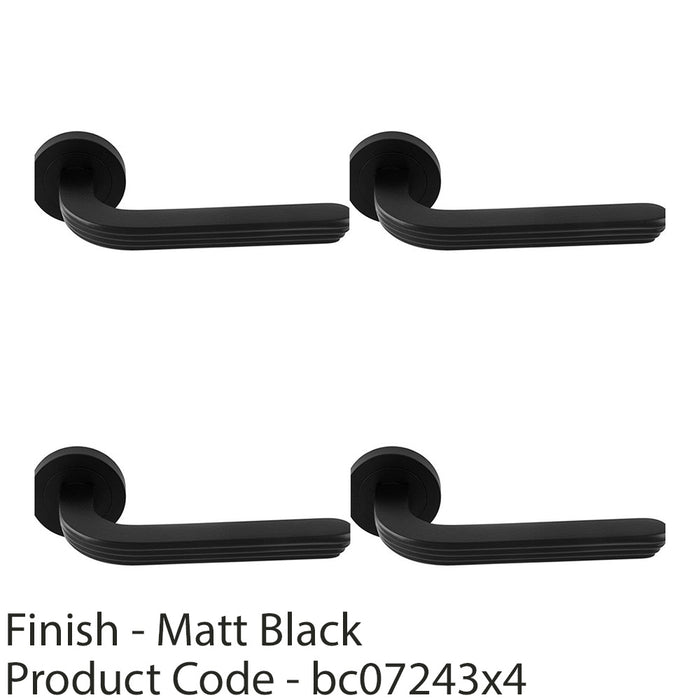 4 PACK Premium Art Deco Door Handle Set Matt Black Reeded Lever On Round Rose 1