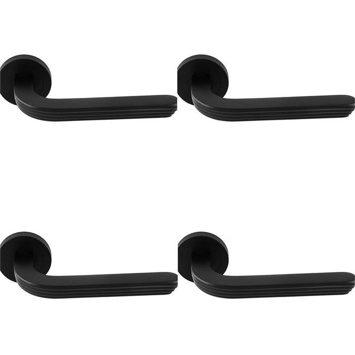 4 PACK Premium Art Deco Door Handle Set Matt Black Reeded Lever On Round Rose