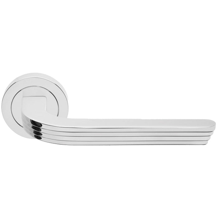 Premium Art Deco Door Handle Set - Polished Chrome Reeded Lever On Round Rose