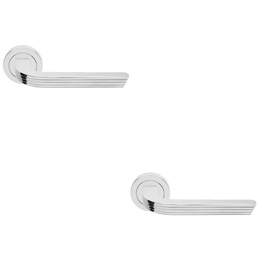 2 PACK Premium Art Deco Door Handle Set Polished Chrome Reeded Lever Round Rose