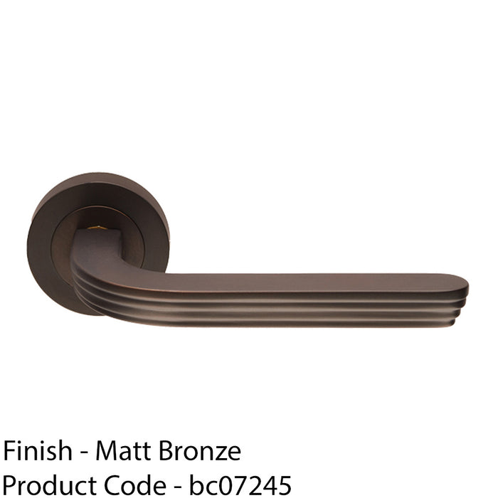 Premium Art Deco Door Handle Set - Matt Bronze Reeded Lever On Round Rose 1