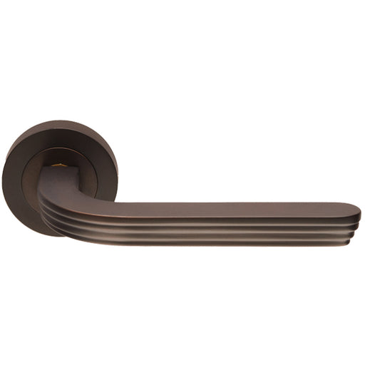 Premium Art Deco Door Handle Set - Matt Bronze Reeded Lever On Round Rose