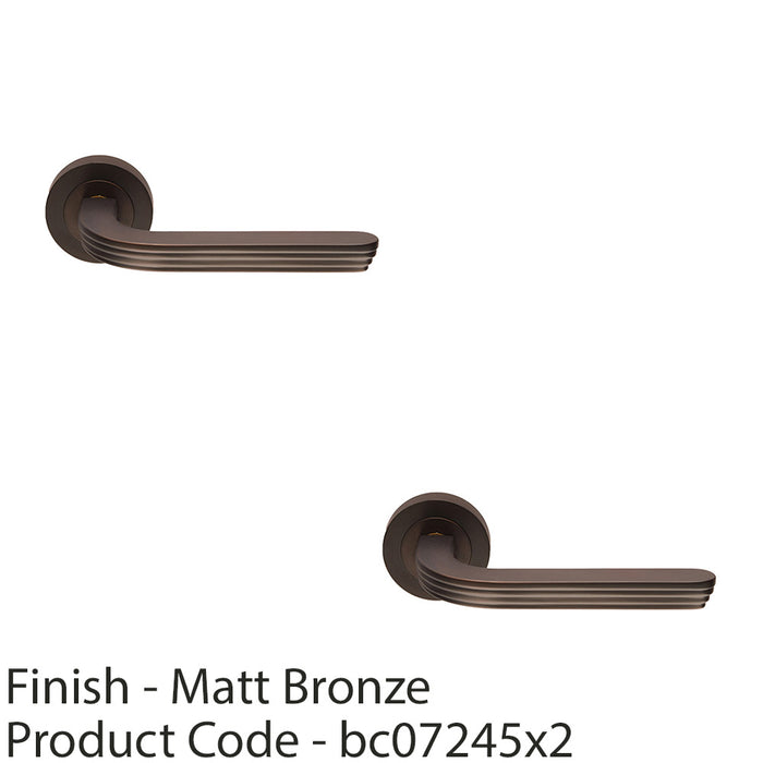 2 PACK Premium Art Deco Door Handle Set Matt Bronze Reeded Lever On Round Rose 1