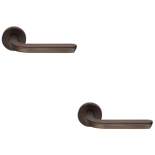 2 PACK Premium Art Deco Door Handle Set Matt Bronze Reeded Lever On Round Rose