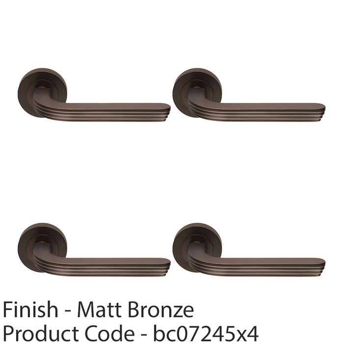 4 PACK Premium Art Deco Door Handle Set Matt Bronze Reeded Lever On Round Rose 1